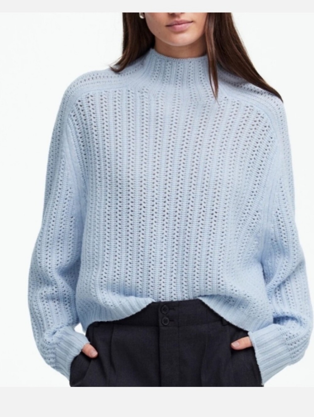 Madewell Medium Sweater 100% Wool Pullover Pointelle Stitch Mock Neck Light Blue